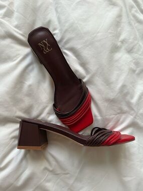 New York & Company Red and Brown Layered Strap Block Heel Mules